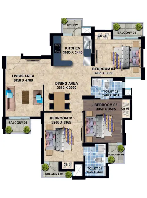 Fortune / Paradise 3bhk + Utility